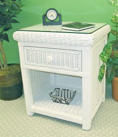 Wicker Night Table Pavilion 1 Drawer with Glass Top, White