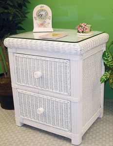 Pavilion 2-Drawer Wicker Night Stand with Glass Top, White