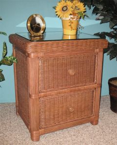 Pavilion 2-Drawer Wicker Night Stand with Glass Top, Tea Wash