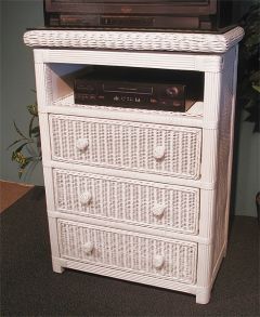 Wicker TV Stand, Swivel Top, 3 Drawers  & Glass, White & Whitewash, Pavilion Style