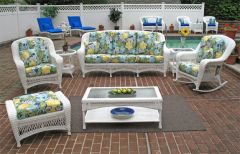 4 Piece Palm Springs Resin Wicker Furniture Set. Sofa, Chair, Rocker & Cocktail Table