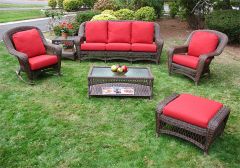 6 Piece Palm Springs Resin Wicker Furniture Set. Sofa, Chair, Ottoman, Rocker, Cocktail & End Table
