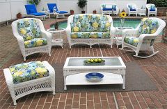 6 Piece Palm Springs Resin Wicker Furniture Set. Love Seat, Chair, Ottoman, Rocker, Cocktail & End Table.