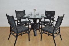 Rattan Dining Set W/(4) Leather Strapped Chairs & 1/2" thick 36" Glass Top Riviera Style, Black --March