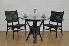Rattan Dining Set W/ (2) Leather Strapped Chairs & 36" 1/2 Thick Glass Top Riviera Style, Black--- March