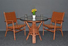 Rattan Dining Set W/ 2 Leather Strapped Chairs & 36" 1/2" thick Glass Top Riviera Style, Teawash Brown--March
