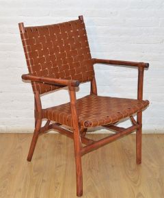 Rattan Dining Chairs Leather Strapped Seats & Backs Riviera Style Brown
