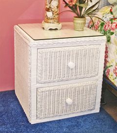 Wicker Night Table 2 Drawers Traditional Style with Glass Top, White