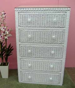  Wicker Dresser  5 Drawer Traditional with Glass Top, White