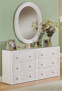 Traditional 6 Drawer Wicker Bedroom Dresser with Glass Top, White