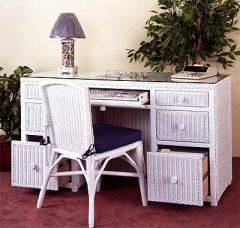 Traditional Double Wicker Desk W/File Drawers & Chair