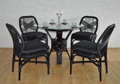 Wicker Dining Set, Natural Rattan Framed with Synthetic Wicker w/36 1/2" Thick Glass Top w/ 1"Bevel  (4) Cushioned Chairs 
