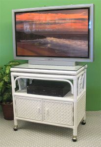 Venetian Rattan TV Stand with Swivel Top, Glass and Castors, White