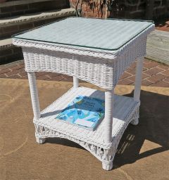 White Wicker End Table & Glass Vineyard Style 
