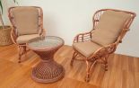Rattan Chat Set, Micro Style (2) Cushioned Chairs & Round End Table, Tea Wash Brown
