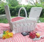 Wicker Picnic Basket, Lined, Beaded Victorian Style, White