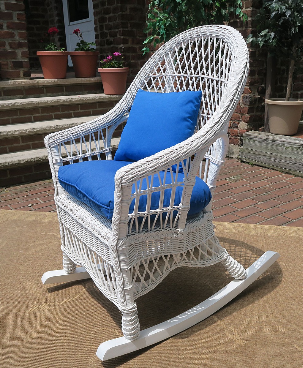 White Garden Side Natural Wicker High Back Rocking Chair with Cushion