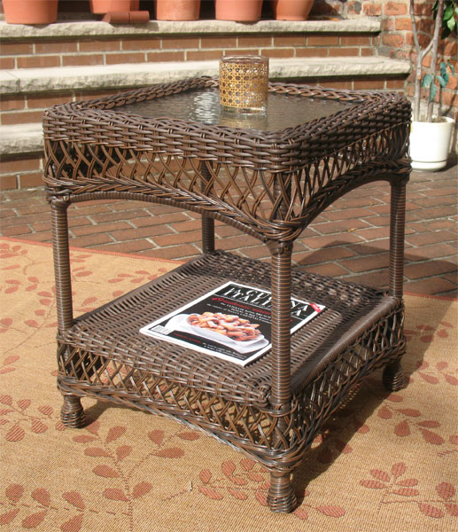 Resin Wicker End Table w/Inset Glass Top Madrid Style (4) Colors