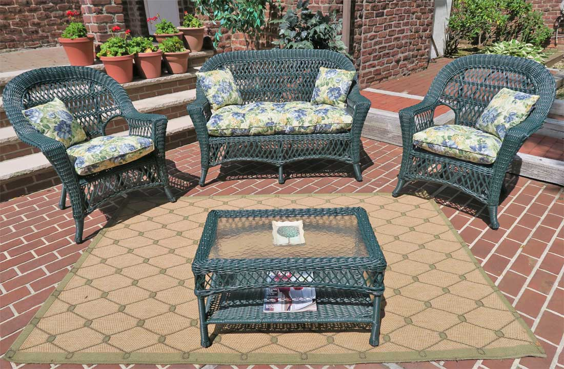 4 Piece Madrid Wicker Set with Seat Cushions (1) Love Seat (1) Table (2) Chairs