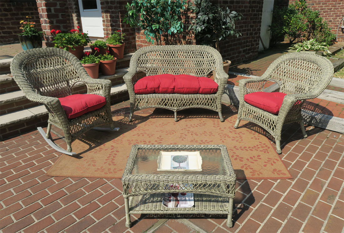 4 Piece Madrid Wicker  Set with seat Cushions (1) Love Seat (1) Cocktail Table (1)Chair (1) Rocker