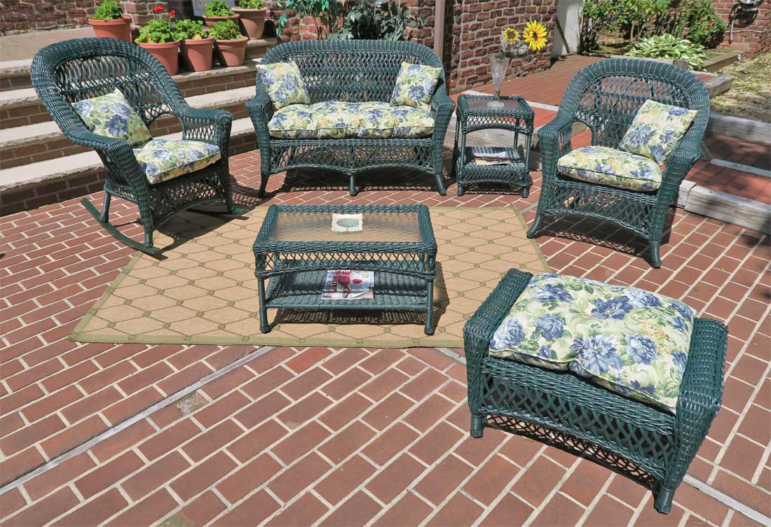 6 Piece Madrid Wicker Set with Seat Cushions (1) LS (1) Chair (1) Rocker) (1) Ottoman (1) Cocktail Table (1) End Table