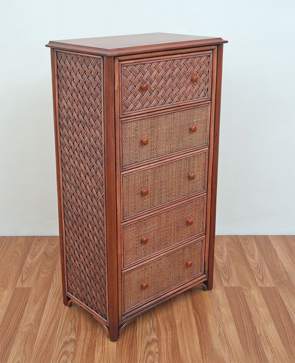 Wicker Dresser Milano 5 Drawer Chest w/Wooden Top Available in Tea Wash Brown