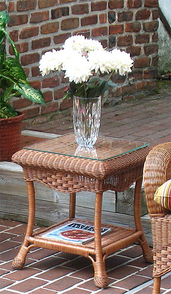 Wicker End Table w/Glass Top, Natural Wicker, Naples Style  (2 colors)