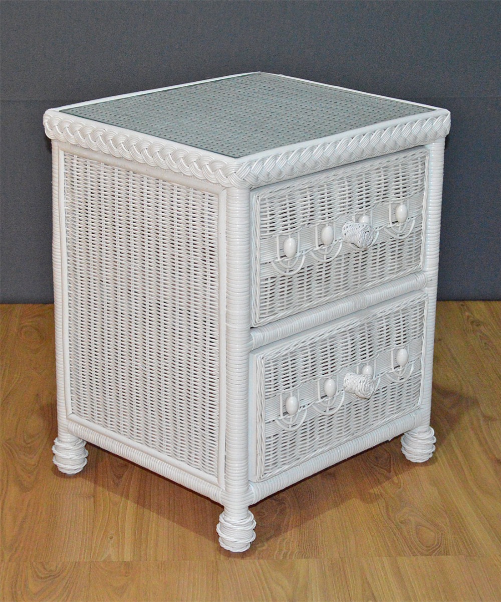 Wicker Night Table, White Victorian 2 Drawer with Inset Glass Top, White