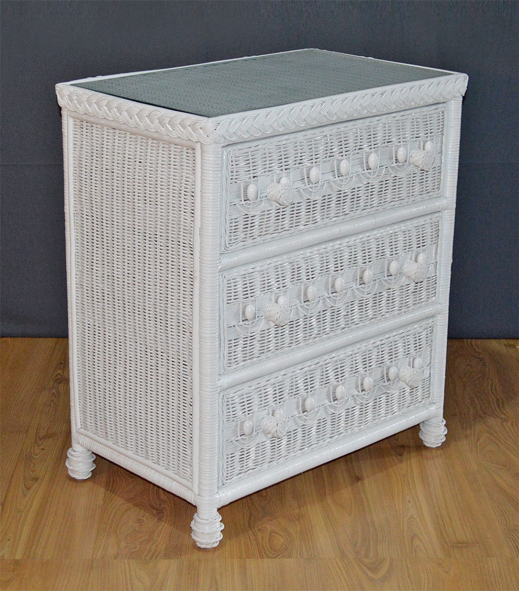 Victorian Wicker 3- Drawer Dresser with Inset Glass Top, White