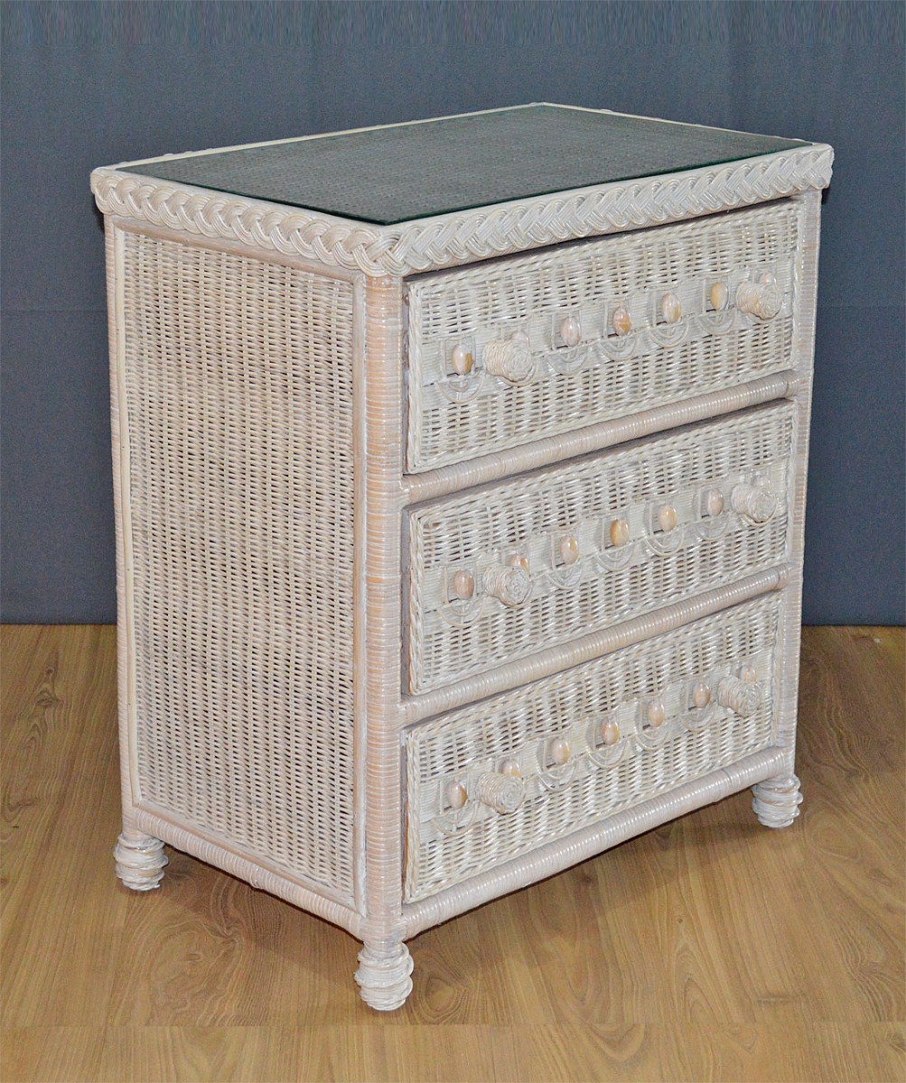 Wicker Dresser Victorian 3 Drawer w/ Inset Glass Top, White Wash