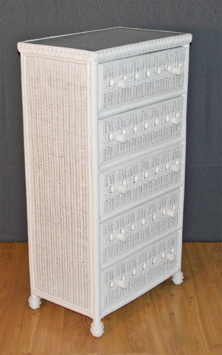 Victorian Wicker 5- Drawer Dresser with Inset Glass Top, White