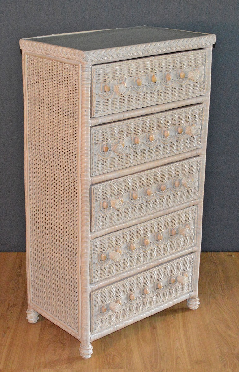 Victorian Wicker 5- Drawer Dresser with Inset Glass Top, White Wash