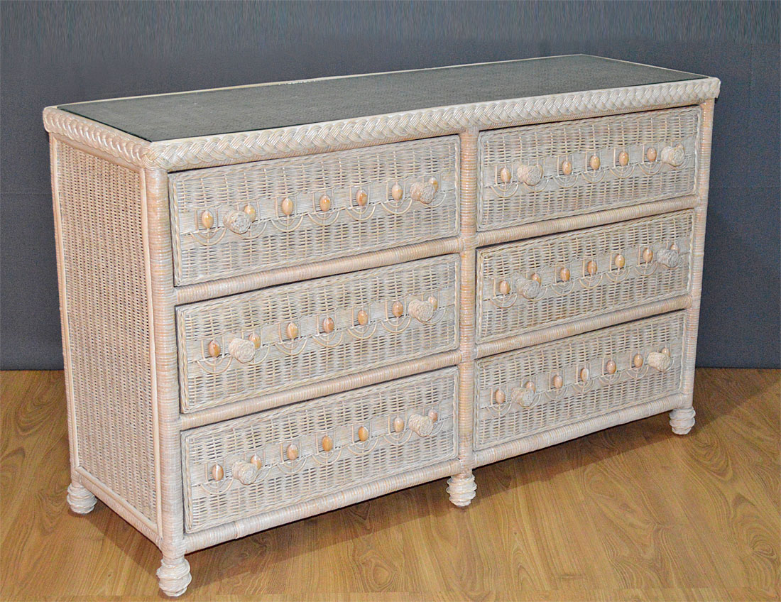 Victorian Wicker 6- Drawer Dresser with Inset Glass Top, White Wash