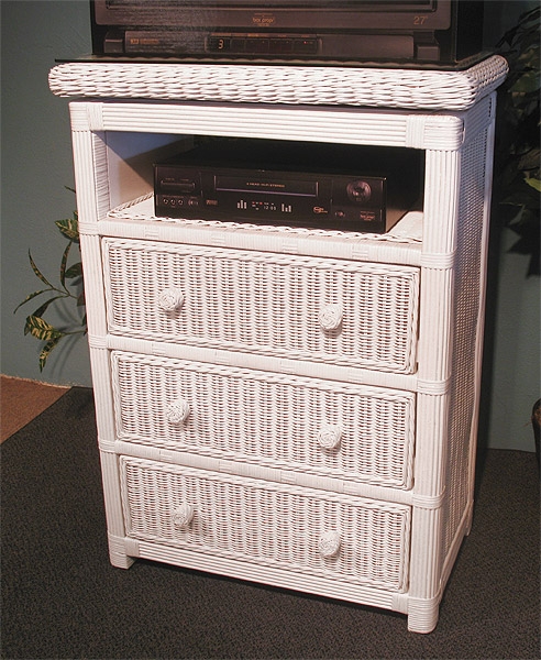 Wicker TV Stand, Swivel Top, 3 Drawers  &amp; Glass, White &amp; Whitewash, Pavilion Style