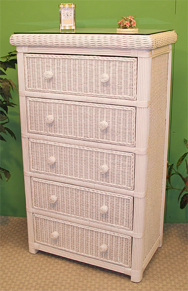 Wicker Dresser Pavilion 5 Drawer w/ Glass Top, White