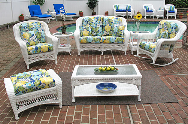 4 Piece Palm Springs Resin Wicker Furniture Set, Love Seat, Chair, Rocker, Coffee Table