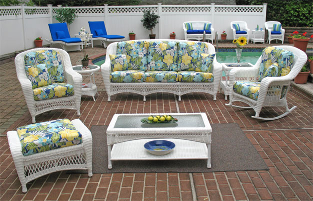 4 Piece Palm Springs Resin Wicker Furniture Set, Sofa, 2 Chairs &amp; Cocktail Table