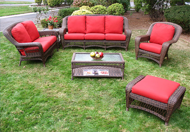 4 Piece Palm Springs Resin Wicker Furniture Set. Sofa, Chair, Rocker &amp; Cocktail Table