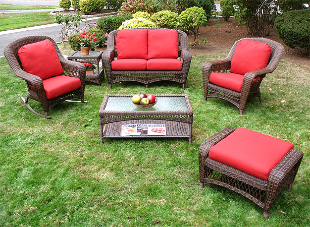 6 Piece Palm Springs Resin Wicker Furniture Set. Love Seat, Chair, Ottoman, Rocker, Cocktail &amp; End Table.