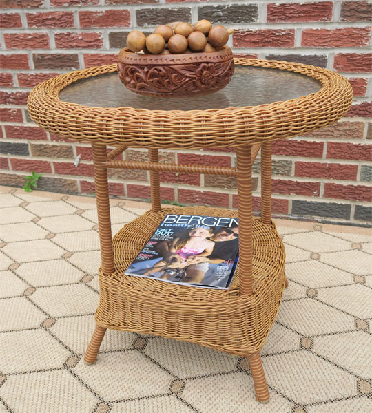 Resin Wicker End Table Round w/inset Glass Top (5) colors