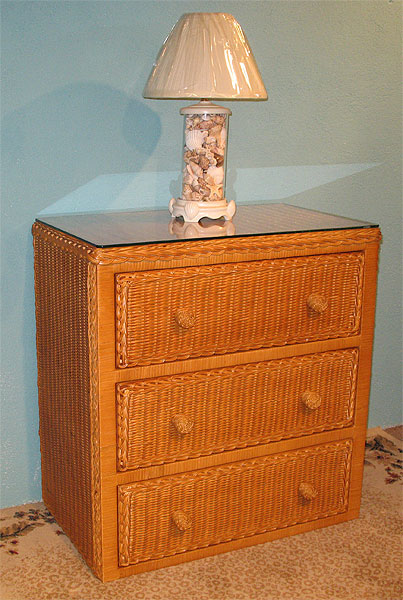 Wicker Dresser 3 Drawer Traditional with Glass Top, Caramel