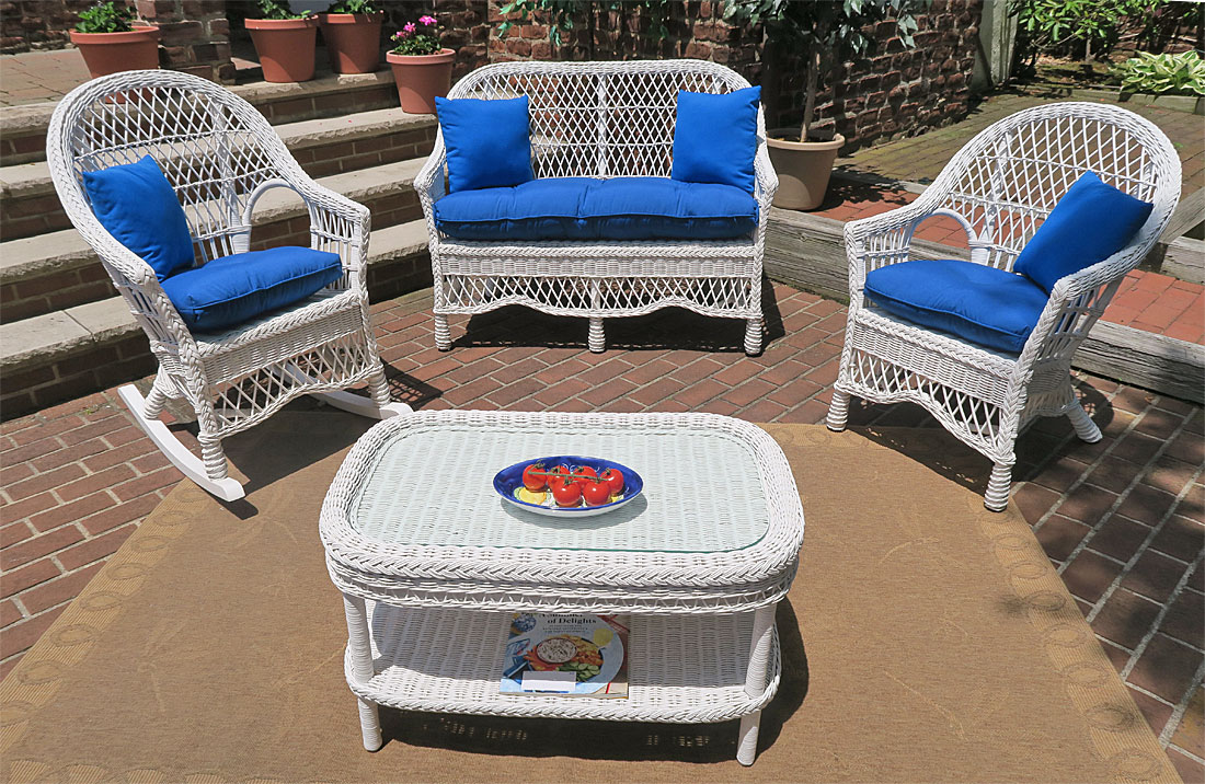 4 Piece White Garden Side Natural Wicker Set with 1-Chair 1-Rocker--Special Price
