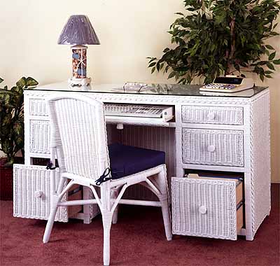 Wicker Double Desk &amp; Chair W/File Drawers on Both Sides and Glass Top. Traditional Style 