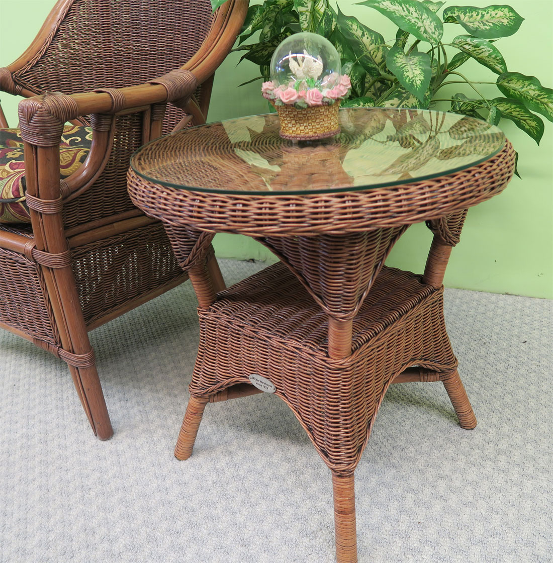  Round Wicker End Table with Glass Top  