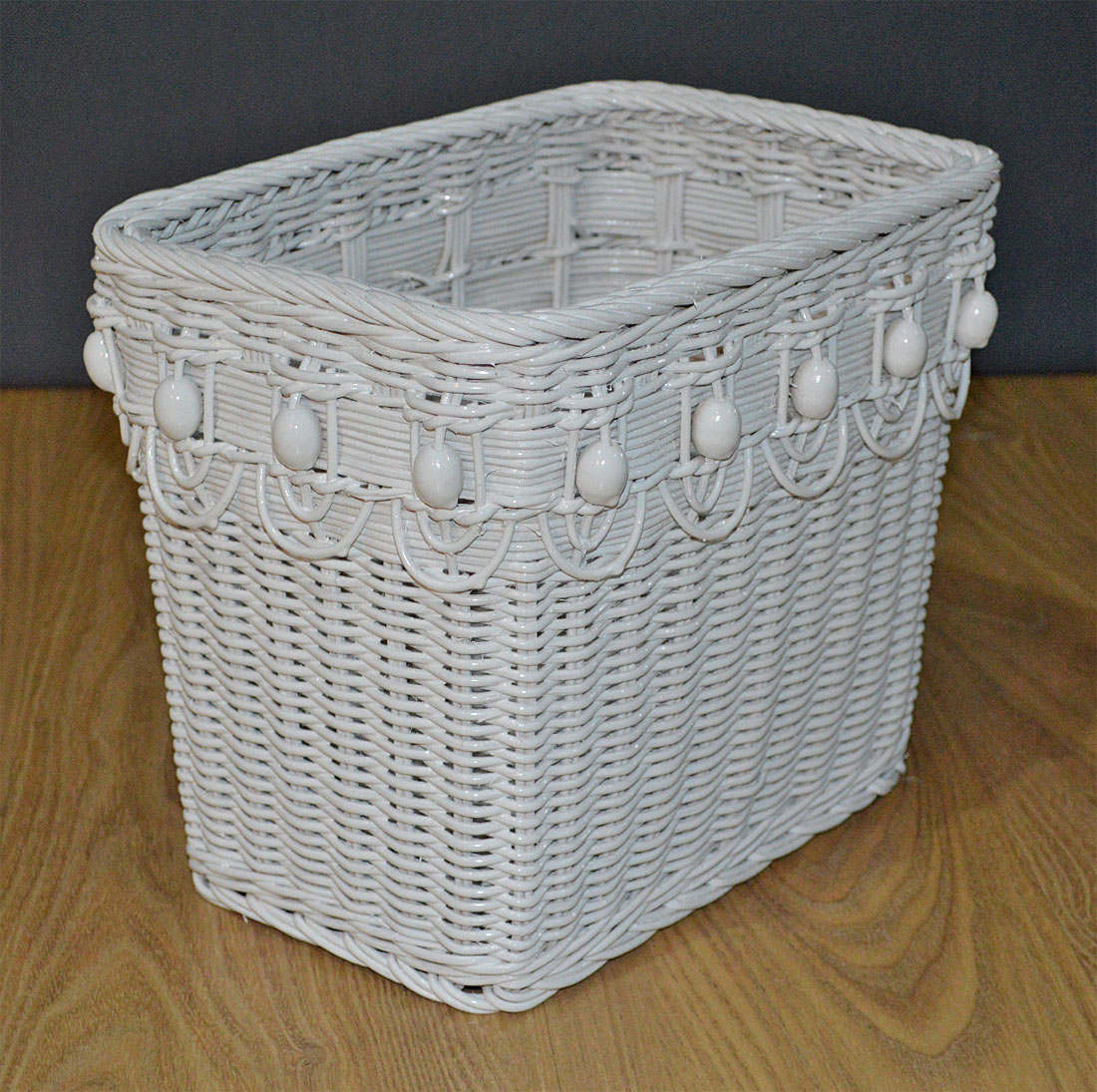 Wicker Waste Basket Beaded Victorian Style  Rectangular, White